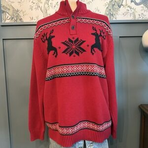 Alan Flusser‎ Men's XL Red Reindeer Fair Isle Christmas Sweater Quarter Button